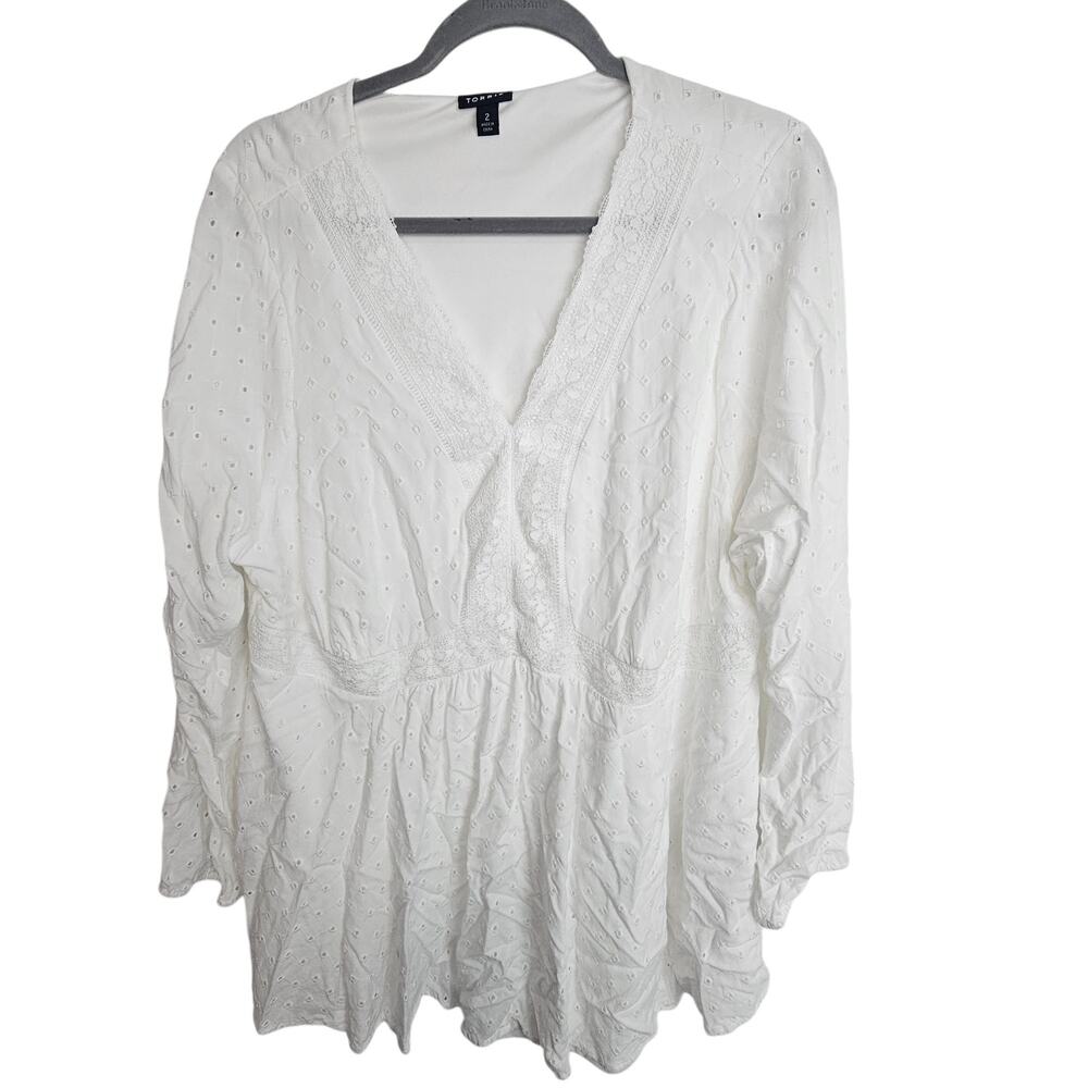Torrid Top Babydoll Top Eyelet Blouse Long Sleeve Blouse V Neck Blouse 2X White